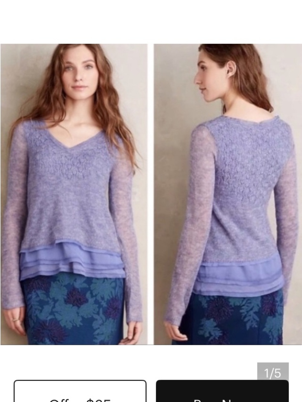 Anthropologie Lavender V-Neck Layered-Hem Sweater